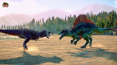 侏罗纪恐龙动画:彩色棘龙vs食肉牛龙,侏罗纪公园恐龙大战