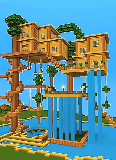 迷你世界速建瀑布树屋别墅,好漂亮的样子!